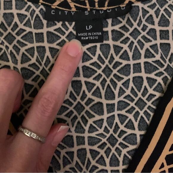 Black Tan Geometric Pattern Midi Dress Long Sleeves Large Petite Stretch Career - Picture 5 of 12